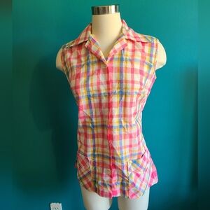 Size medium/ 1960s vintage top, tank top, button front blouse, plaid, pinup